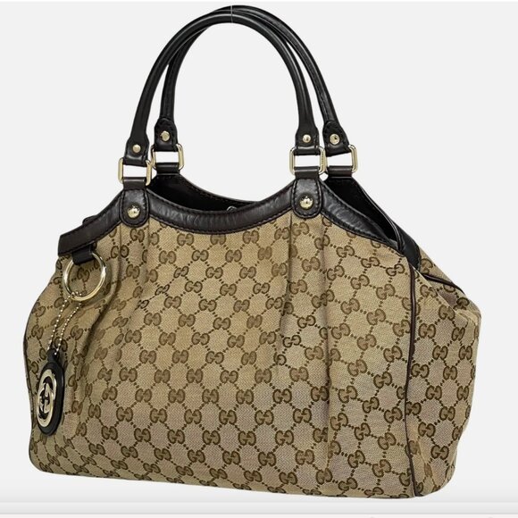 Auth GUCCI Sukey Tote Bag Hand Bag Brown Beige GG Canvas Leather - Picture 1 of 11